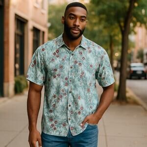 Leo Danieli Shirt Mens NWT 2XL Short Sleeve Paisley Green Red Shiny Foil